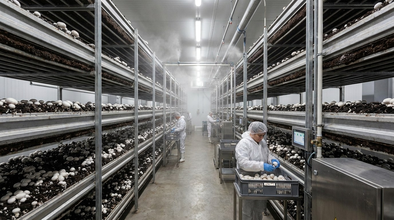 Champignon-Pilzanbau in der Stahlhalle — Klimatechnik, HACCP und Kosten 2026