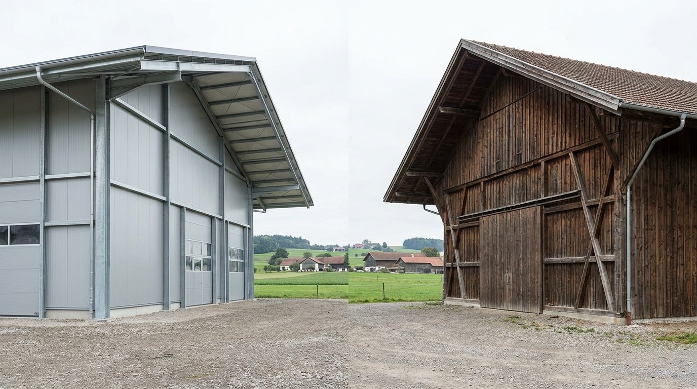 Stahlhalle vs. Holzhalle — Vergleich, Kosten, Lebensdauer