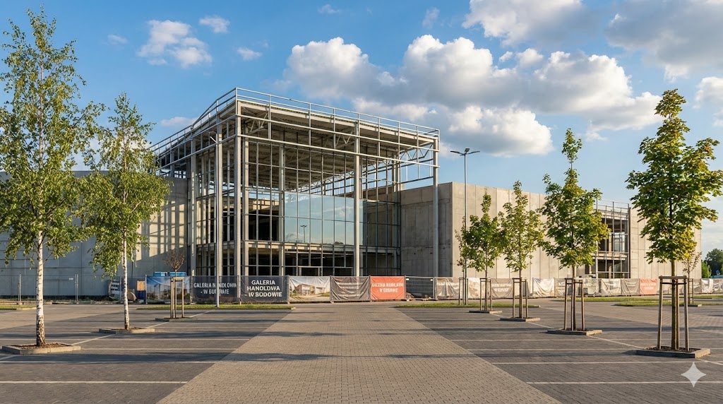 Galeria handlowa stalowa — centrum handlowe z przeszkloną fasadą