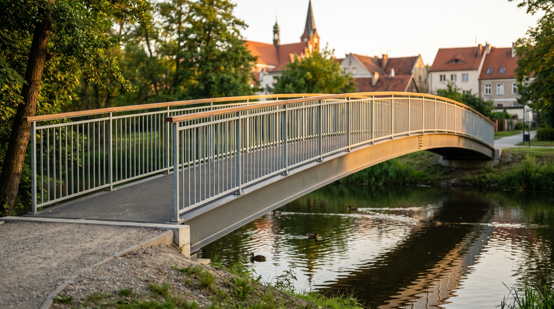 Kładka dla pieszych stalowa nad rzeką, konstrukcja prefabrykowana, realizacja SmartHalls