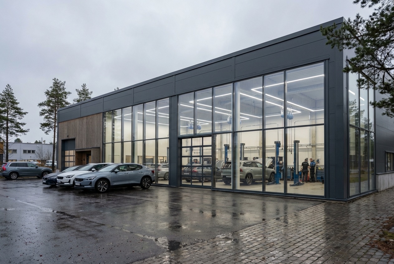 Bilhall i stål — Bilbesiktningshall med kontor — 900 m²