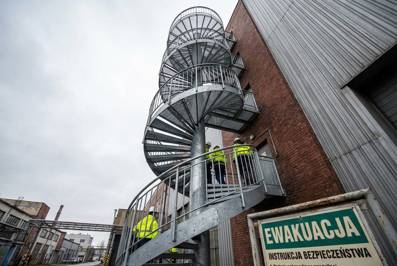 Elementy stalowe na zamówienie 2026 — Schody spiralne ewakuacyjne zewnętrzne