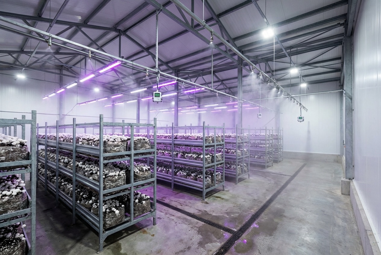 Hala do uprawy pieczarek - Pieczarkarnia 2026 — Pieczarkarnia 800 m² - system półkowy