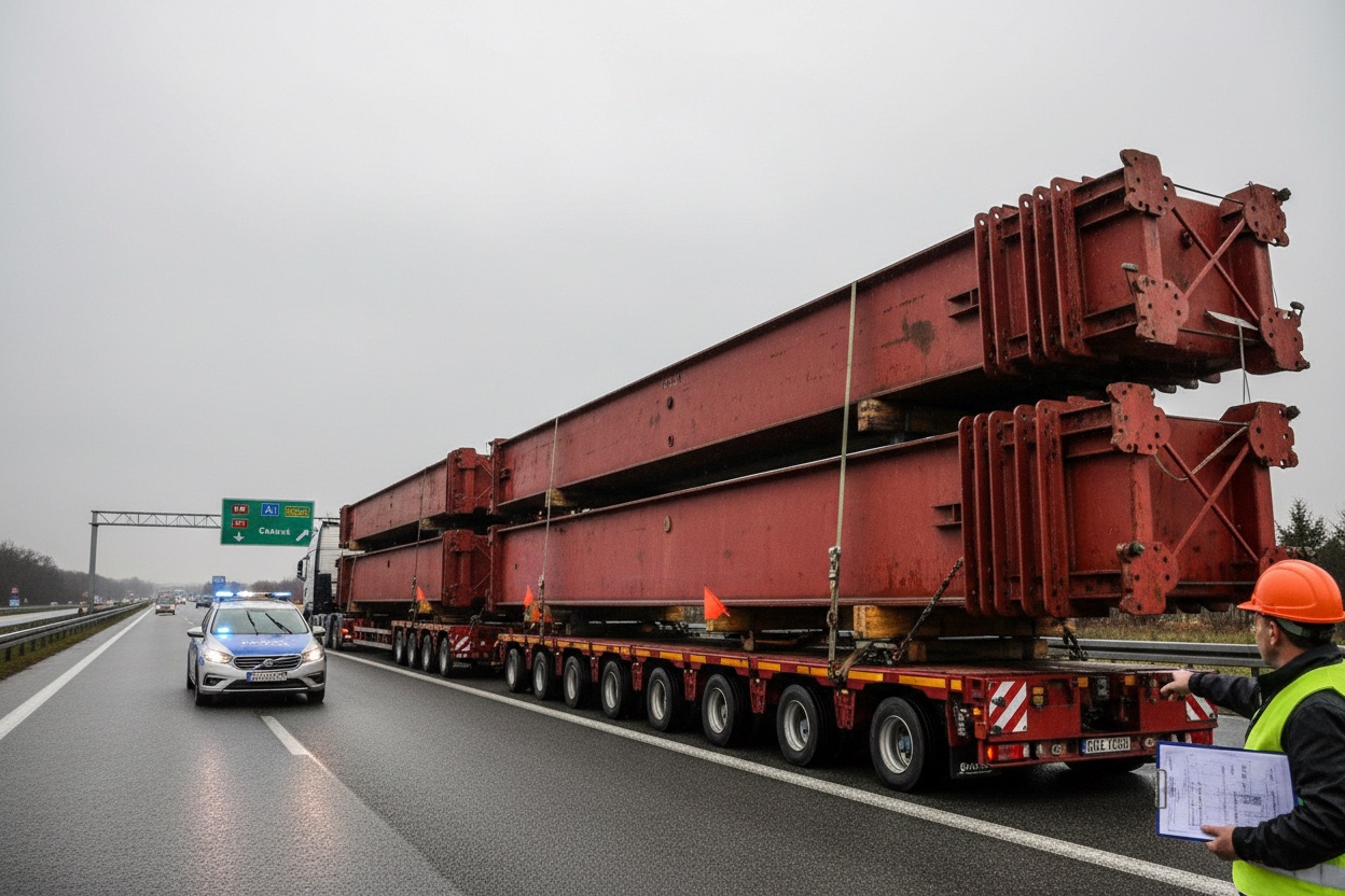 Transport konstrukcji stalowych — Ponadgabaryty — belki podsuwnicowe 30 m