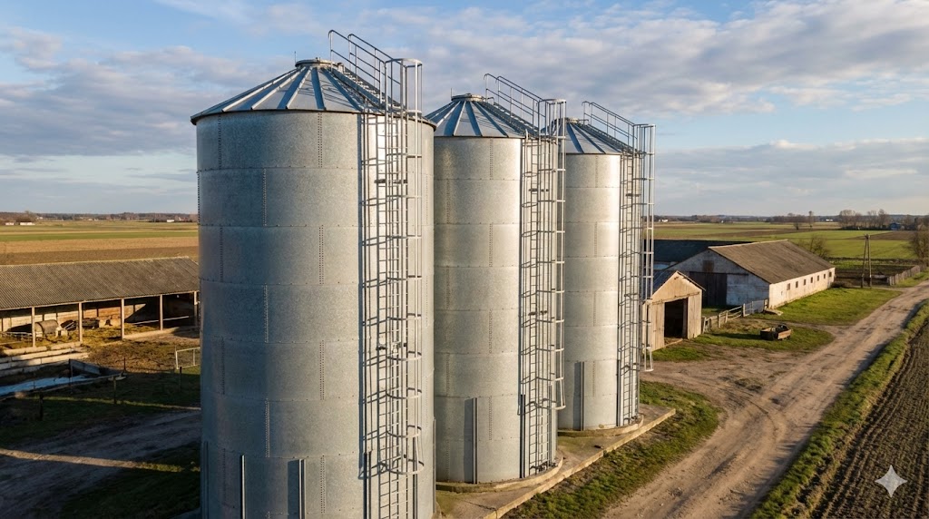 Silosy stalowe zbożowe — bateria silosów blaszanych na farmie realizacja SmartHalls