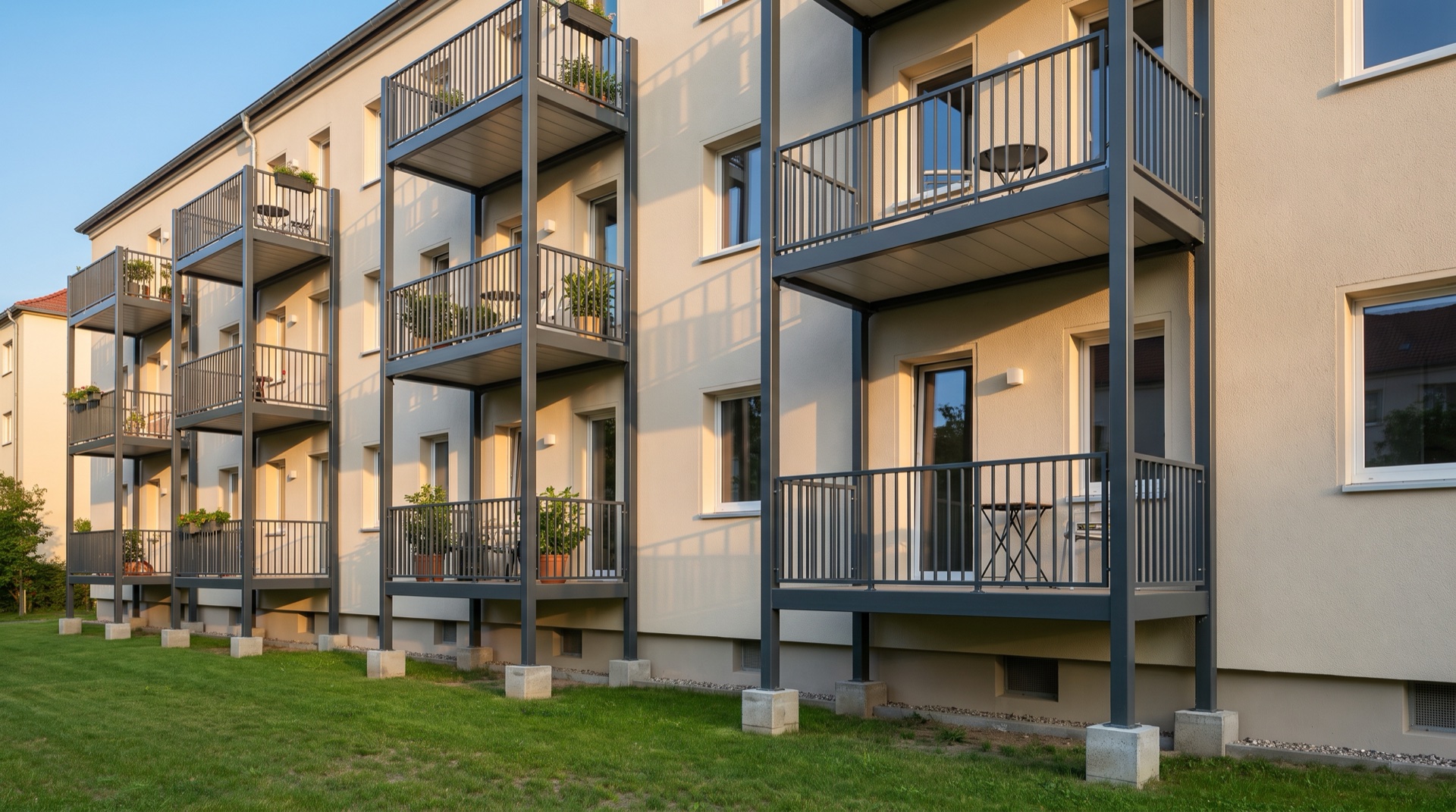 Anbaubalkon aus Stahl an einem Mehrfamilienhaus — selbsttragende Konstruktion, feuerverzinkt
