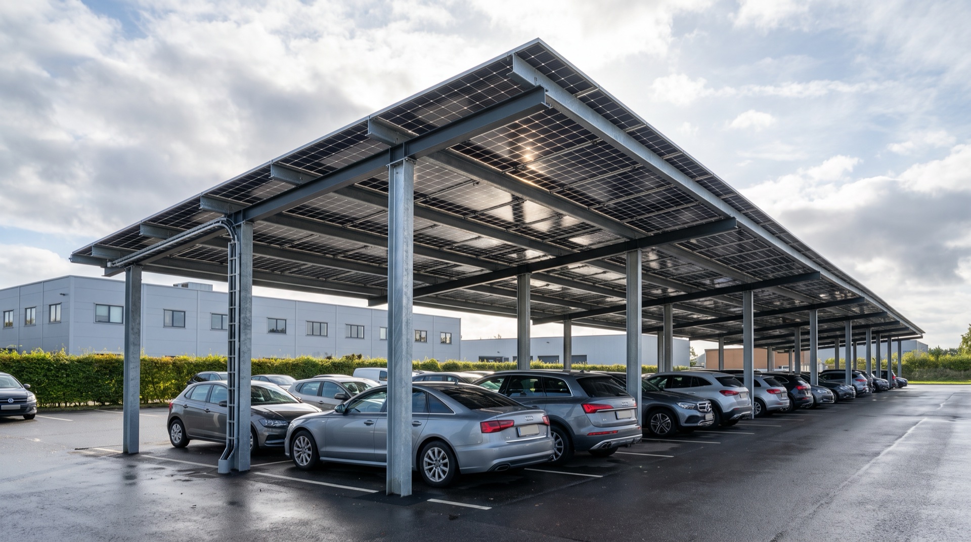 Wiata fotowoltaiczna: konstrukcja stalowa carportu solarnego SmartHalls